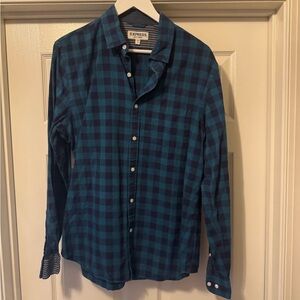 Express Men's Teal and Navy Checkered Shirt